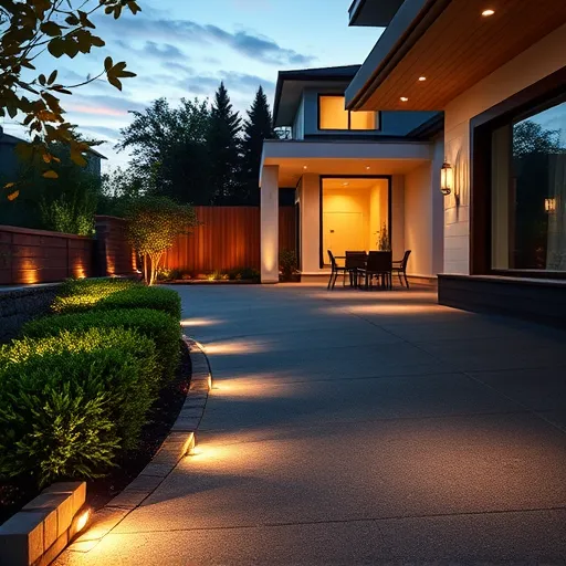 A realistic, modern residential walkway and driveway illuminated by sophisticated soffit lighting. The scene features a gently curved pathway bordered by lush, well-maintained bushes and decorative stone edging, with embedded soffit lights casting a warm, soft glow that highlights the textured paving stones. The driveway leads to a contemporary house with clean lines and large windows, complemented by subtly lit soffits that emphasize the smooth asphalt surface. Nearby outdoor furniture and charming decorative lanterns along the pathway enhance the welcoming evening atmosphere. Playful shadows from fluttering leaves create a lively yet tranquil mood, while the serene twilight sky with pastel hues blending into darker night adds to the peaceful setting. Reflections and soft shadows on the driveway evoke a sense of safety and calm. The environment showcases realistic textures of concrete, wood, and greenery with a warm palette of whites, greens, and earth tones, emphasizing the aesthetic appeal and safety benefits of soffit outdoor lighting.