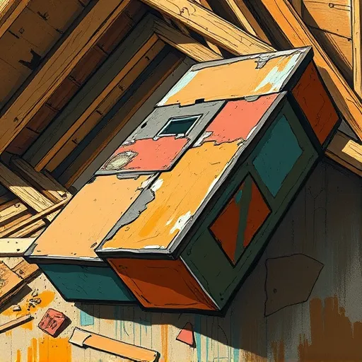 A vibrant, raw depiction of soffit pieces arranged in an abstract, sculptural composition. The soffits showcase geometric forms with textured, rough surfaces, featuring bold, unrefined brushstrokes characteristic of ArtBrut art style. The layered materials reveal imperfections, jagged edges, and playful face-like formations within the soffit textures, adding personality and whimsy. The color palette includes muted earthy tones such as ochres, deep browns, faded blues, and rust reds, conveying a gritty, grounded atmosphere. In the background, an attic or eave setting is loosely sketched, with visible beams, scattered debris, and construction elements, suggesting renovation. Dramatic, stark lighting casts deep shadows, emphasizing the textures and handmade quality of the artwork. The overall composition is dynamic and layered, with unconventional angles and a touch of humor and creativity, offering an artistic, almost fantastical view of building materials—ideal for a blog cover blending technical construction details with expressive, visionary art.