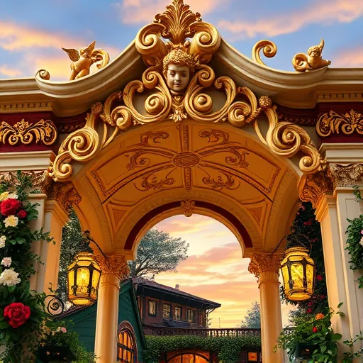 A detailed Baroque-style depiction of a cozy soffit home featuring elaborate swirling moldings and ornate embellishments decorating the ceiling and exterior arches. The soffit is transformed into a whimsical canopy adorned with gilded scrollwork, floral motifs, and playful cherubs peeking out among curls. Rich golden tones, deep maroons, and creamy ivories dominate the color palette, accented by touches of emerald green and sky blue to evoke warmth and elegance. Surrounding the structure are ornate columns with carved capitals framing a lush, manicured garden filled with oversized, intricately designed roses, lilies, and ivy, creating a fantastical atmosphere. Delicate beams and curled brackets support elaborate lanterns that cast a soft, golden glow, enhancing the inviting mood. Playful, baroque-inspired fairy-like creatures nestle among the foliage, peeking mischievously from behind leaves or hanging from scrolls, adding charm and personality. The background features a majestic twilight sky streaked with golden hues, emphasizing a sense of regal calm. The entire scene showcases intricate textures and rich details characteristic of Baroque art, blending classical grandeur with whimsical, cozy charm in this imaginative soffit home setting.