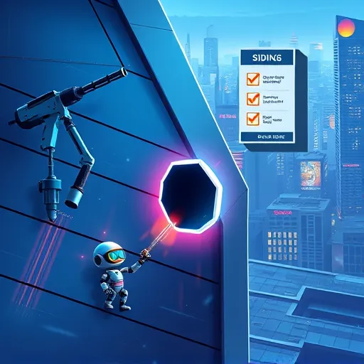 A vibrant, futuristic scene illustrating a step-by-step siding hole repair guide. Sleek, high-tech tools such as electric drills, laser cutters, and holographic overlays hover around a building façade with angular, metallic panels featuring illuminated seams, indicating recent repairs. Small robotic arms handle materials with precision, while animated sparks and light trails emphasize accuracy and innovation. In the background, a sprawling neon-lit cityscape with towering skyscrapers and digital billboards reflects a blend of craftsmanship and advanced technology. The scene is illuminated with crisp, cool lighting in shades of electric blue, vibrant cyan, and warm orange accents, creating a dynamic yet professional atmosphere. Quirky details include a tiny robot with safety goggles inspecting a repair hole with a magnifying lens and a floating digital checklist with animated checkmarks. The environment features polished surfaces with subtle reflections and transparent panels revealing hidden machinery, emphasizing technological mastery. The bold, streamlined art style with dynamic lines and geometric shapes conveys motion and progress, capturing the essence of innovative home repair in a futuristic universe.