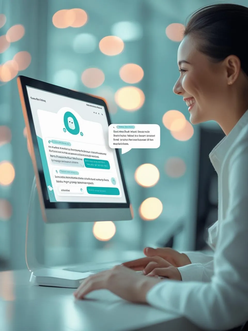 AI-powered webchat engaging a happy customer, showcasing instant, helpful responses on a business website.