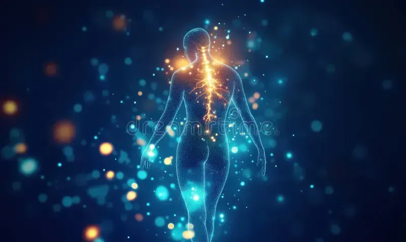 A 3D illustration of a glowing spine with energy radiating outward, symbolizing spinal health and vitality.