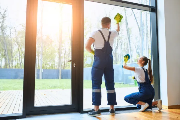 Two workers in overalls cleaning large glass doors with a scenic outdoor view, showcasing professional window cleaning