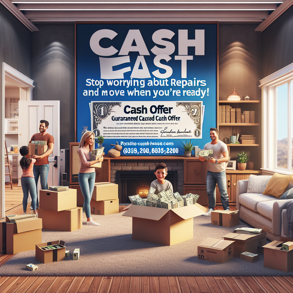 Living room with moving boxes and sign that says cash fast