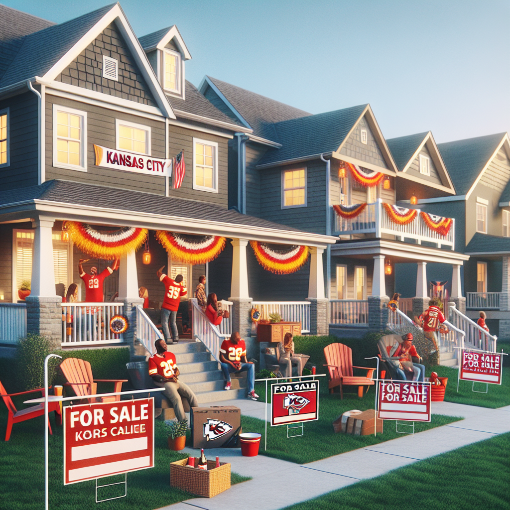 Picture of houses on a street with for sale signs and chiefs signs