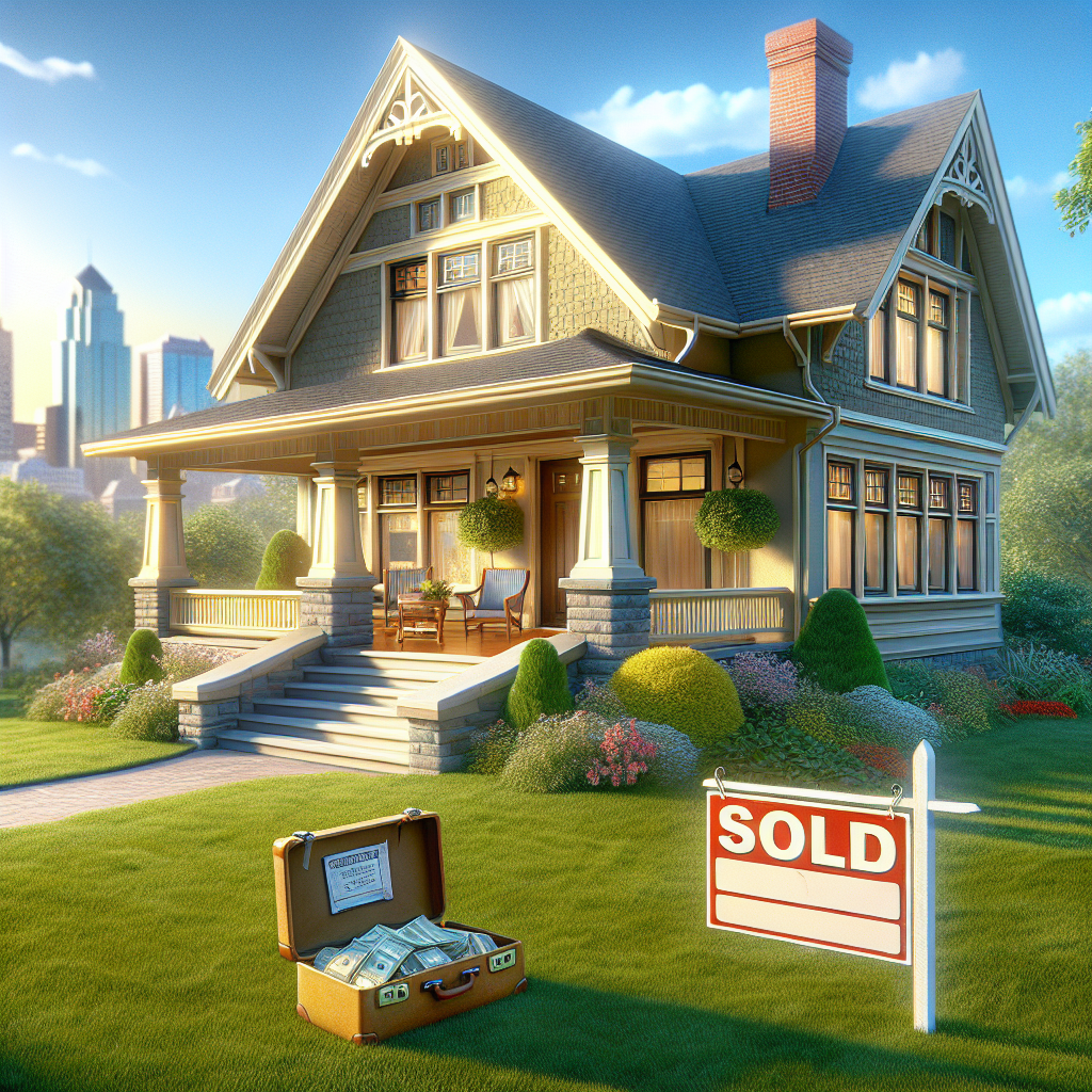 picture of house with a suitcase in the yard filled with cash