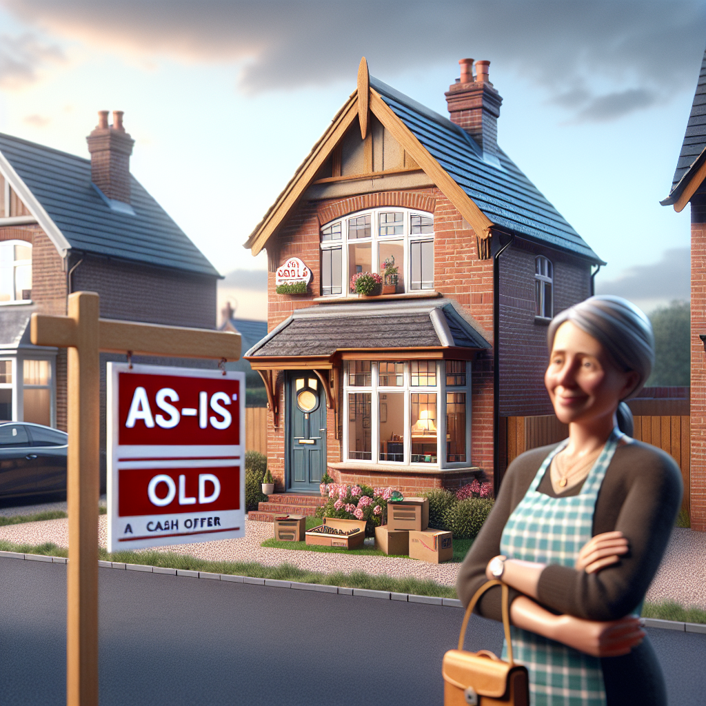 old lady standing in front of house with for sale sign saying as is