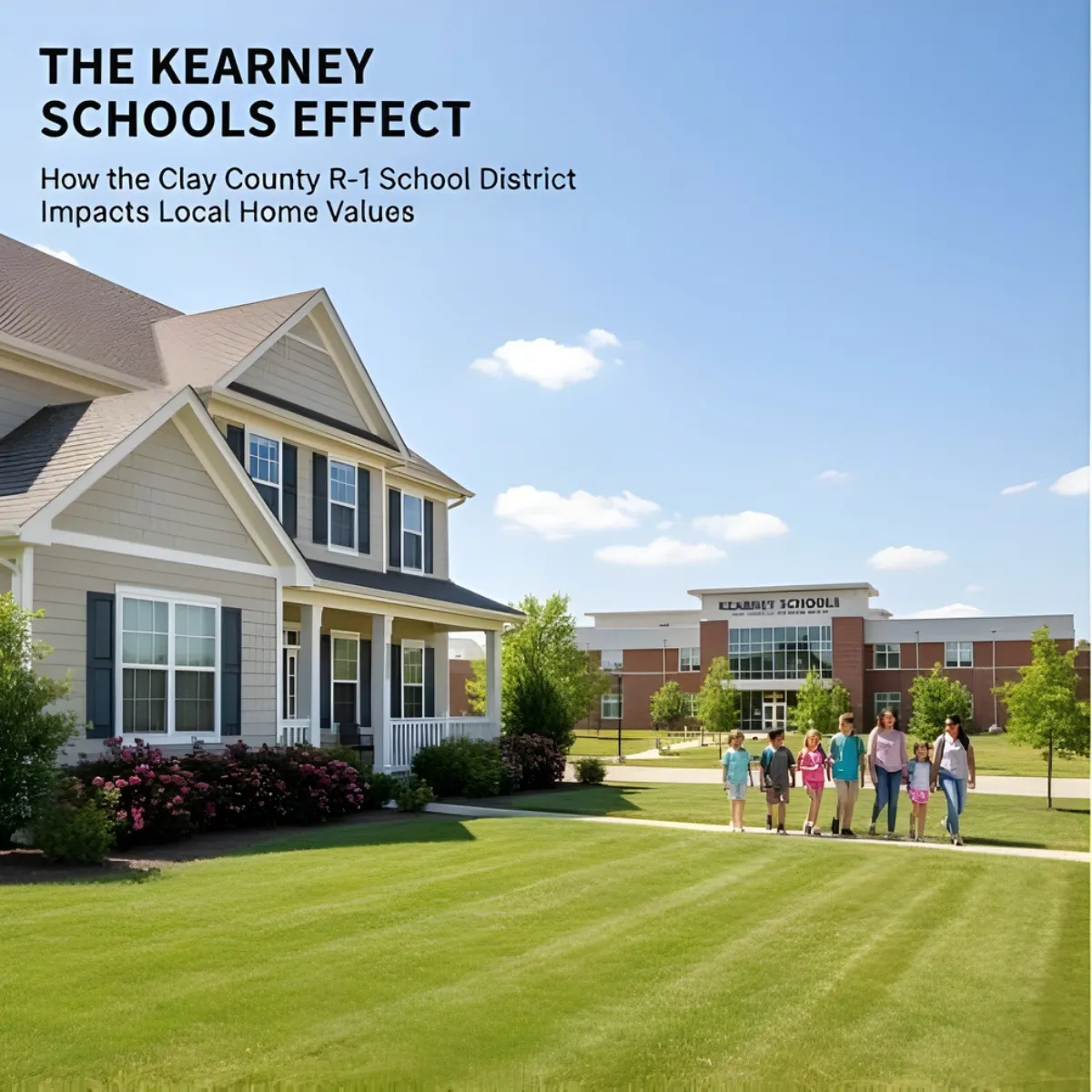 Front view of a Kearney MO home near Kearney Schools with families walking on campus.