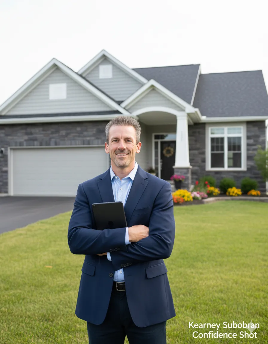 Real estate agent standing confidently in front of a modern suburban Kearney home, showcasing professional expertise in the Northland market.