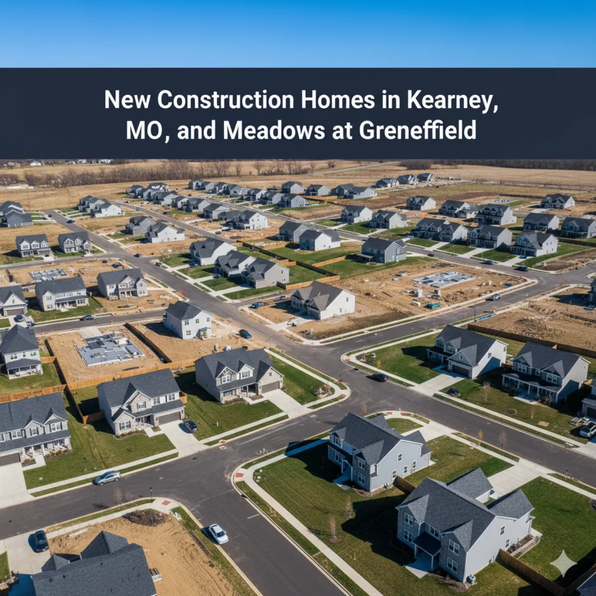 Aerial view of new construction homes in Kearney Missouri, showing modern suburban development and active building in communities like Meadows at Greenfield, with title overlay reading ‘New Construction Homes in Kearney, MO, and Meadows at Greenfield.