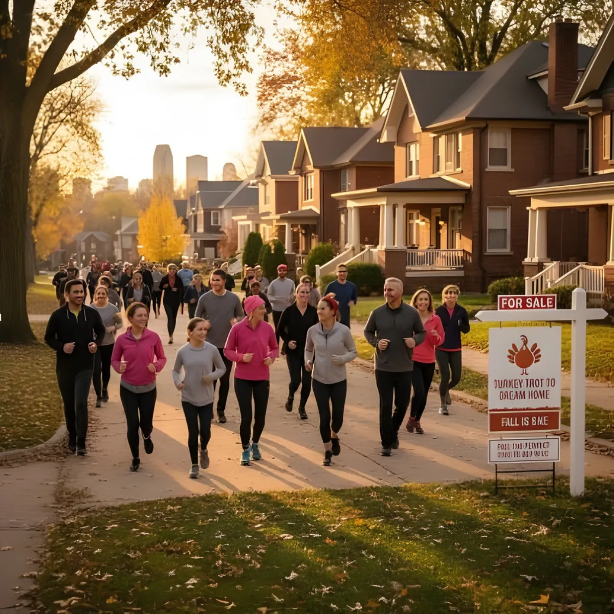 Community turkey trot running event in a Kansas City neighborhood with homes for sale along the street.