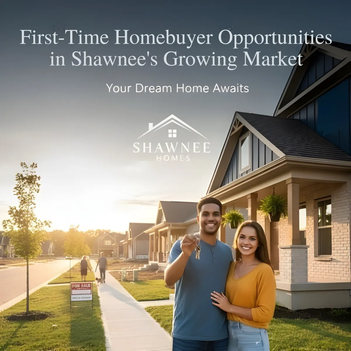 Happy first-time homebuyers standing in front of a new home in Shawnee Kansas neighborhood at sunset.
