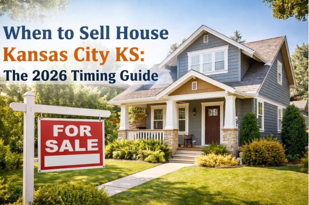 When to sell a house in Kansas City, KS in 2026, single family home with for sale sign highlighting best timing to sell