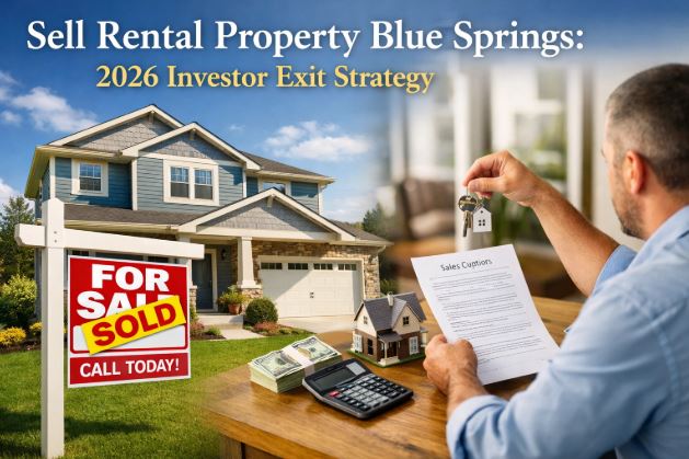 Selling a rental property in Blue Springs Missouri with a sold sign, keys, and sales documents representing a 2026 investor exit strategy