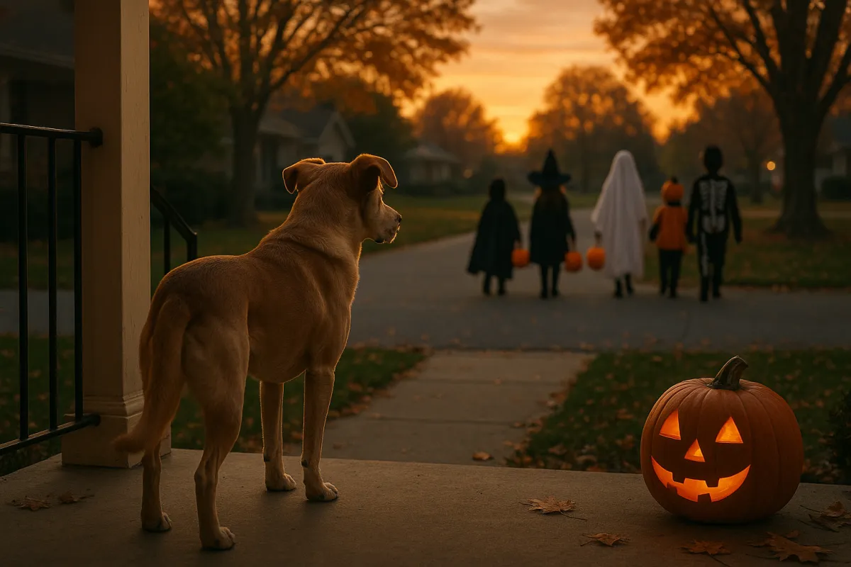 dog watching trick-or-treaters