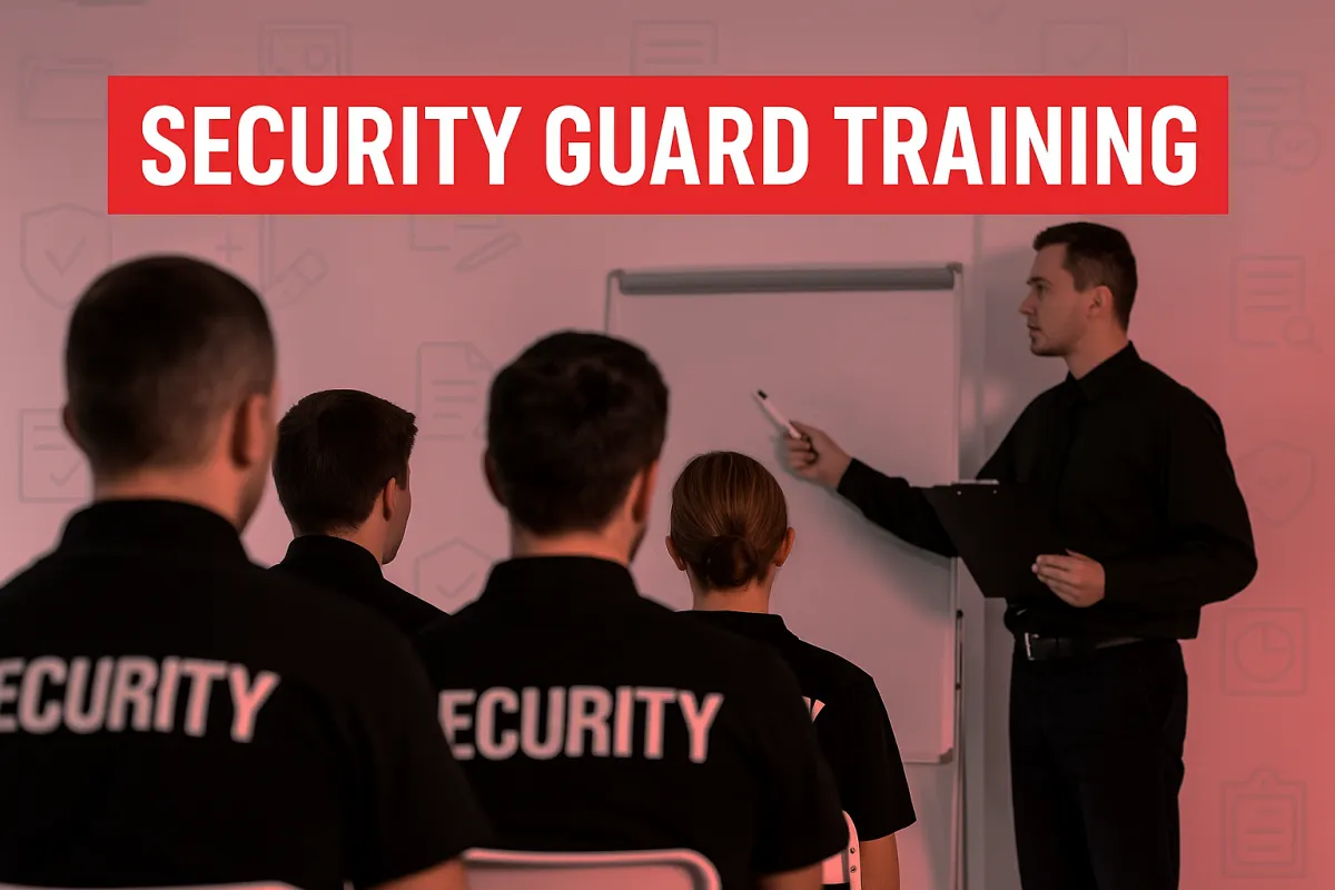 Security guards in uniform attending a professional classroom training session with an instructor at a whiteboard, symbolizing PSIRA-compliant training in Cape Town.