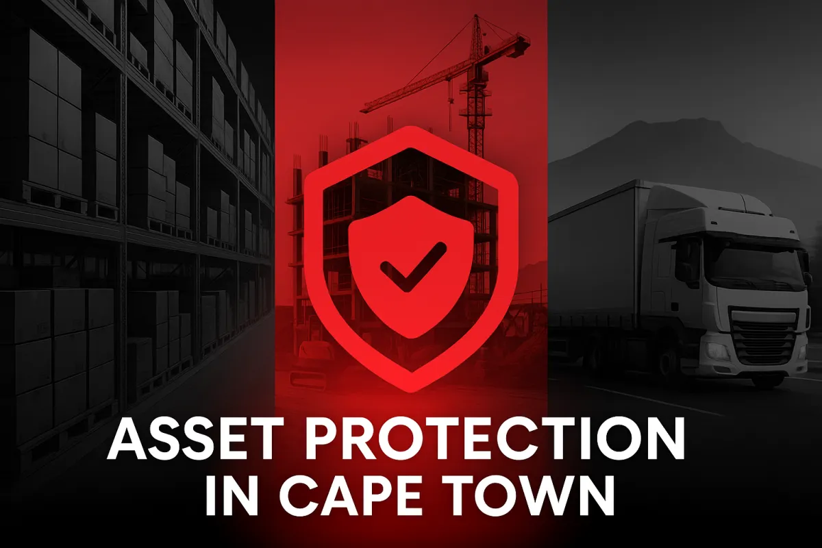 Split-screen illustration of asset protection in Cape Town showing warehouse shelves with goods, a construction site with equipment, and a cargo truck in motion, united by a bold red shield icon with Table Mountain in the background.