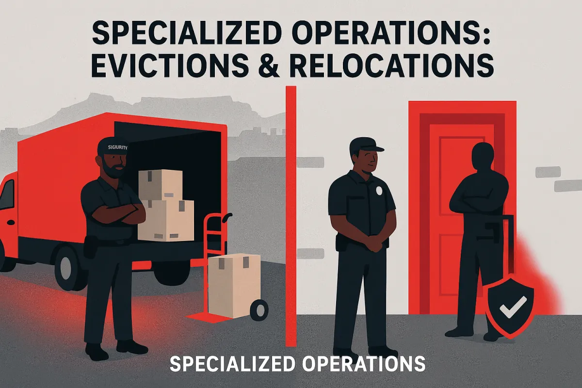 Illustration showing specialized security operations in Cape Town. Left side: a moving truck with boxes being loaded under guard supervision. Right side: one professional security guard managing a resistant tenant at a doorway, symbolizing lawful eviction support.