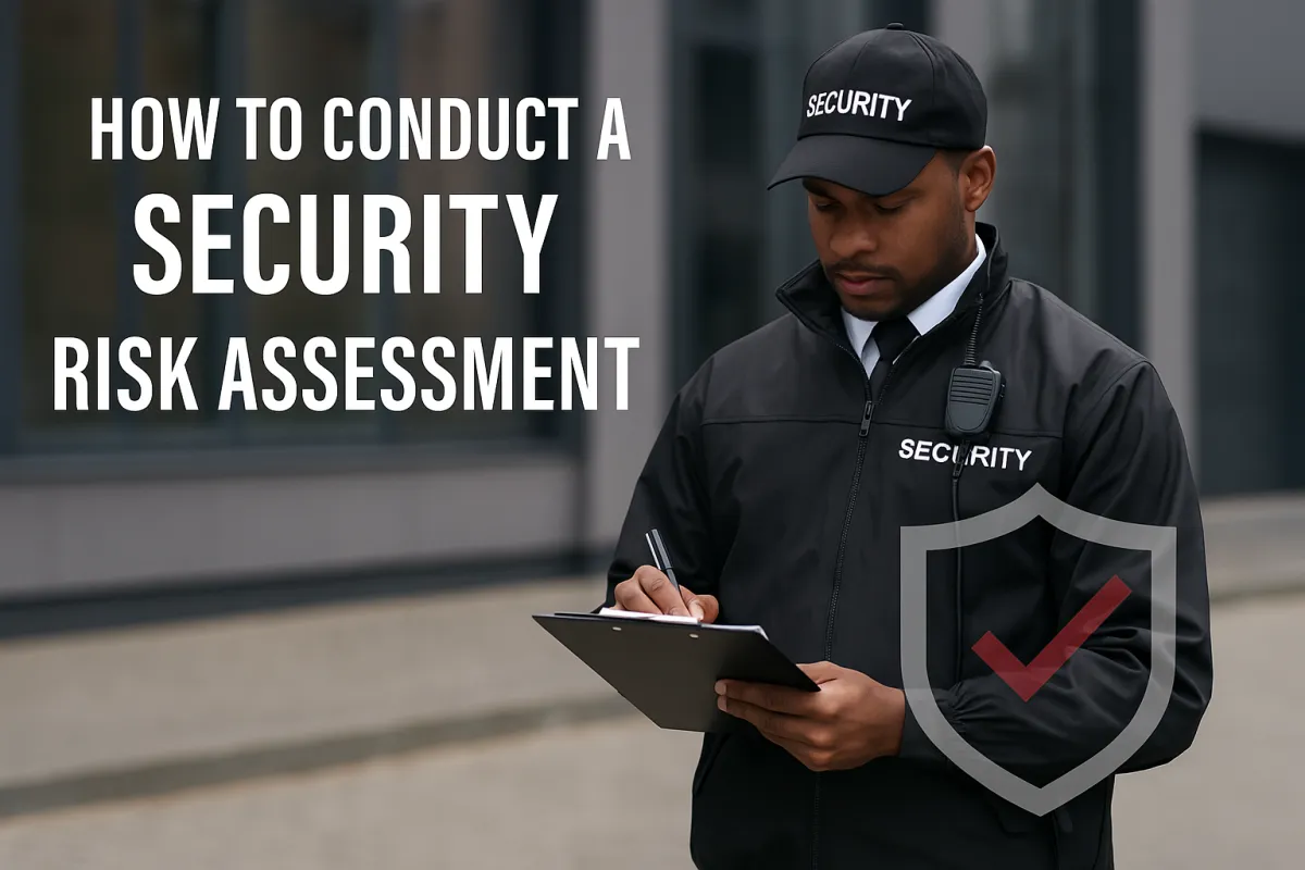 Security officer conducting a business risk assessment with checklist outside modern building, shield icon showing compliance and protection.”