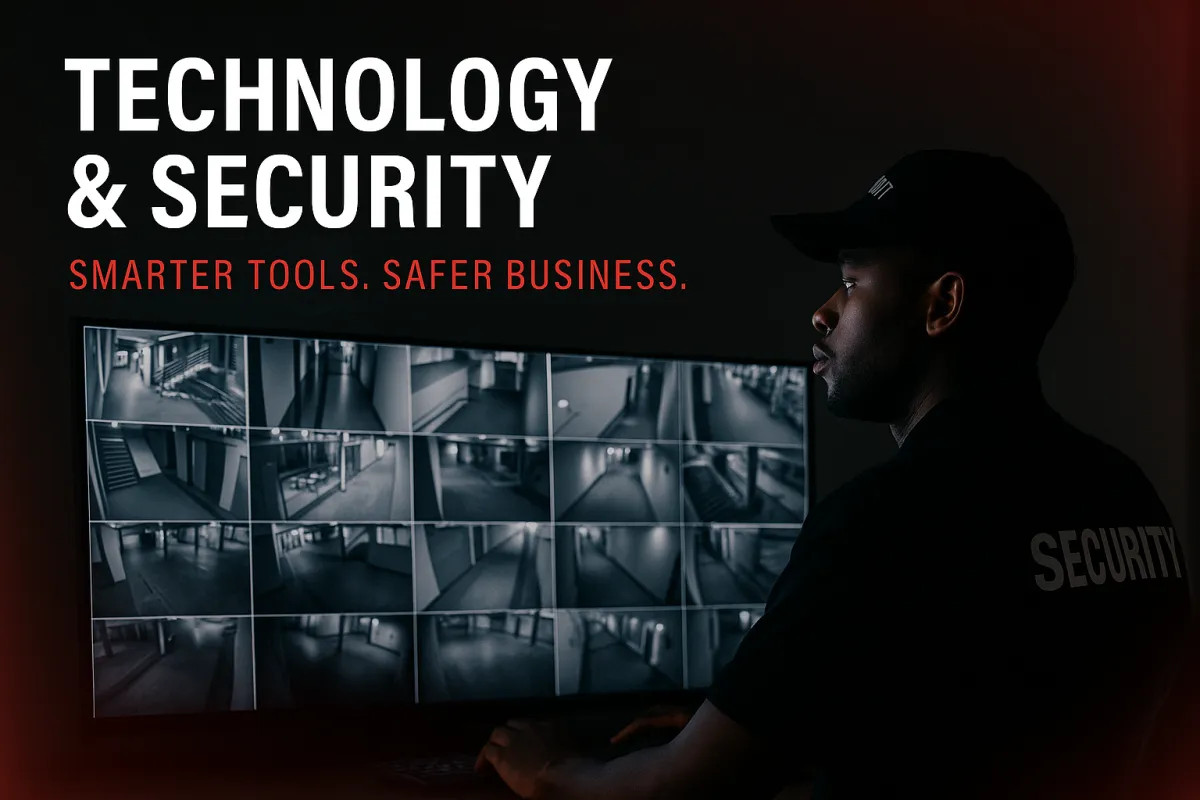 "Security officer monitoring CCTV control room screens, symbolizing technology and smart tools for South African business protection."