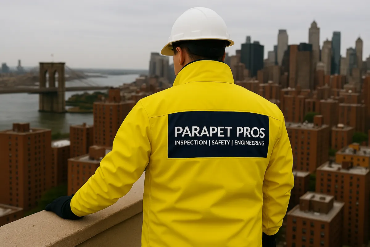 A professional inspector wearing a yellow jacket with the Parapet Pros logo inspects a building parapet in Brooklyn, New York City, with a clear view of the city skyline and the Brooklyn Bridge in the background.