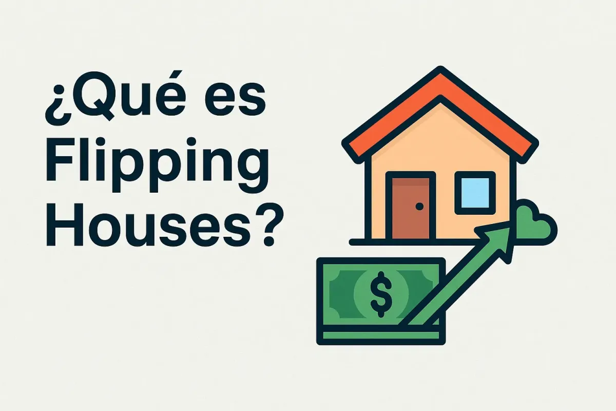 Infografía explicativa sobre qué es flipping houses, con imagen de una casa y flecha de ganancia