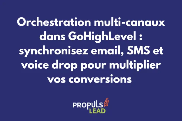 Interface de création d'un workflow multi-canal dans GoHighLevel avec branches email, SMS et voice drop