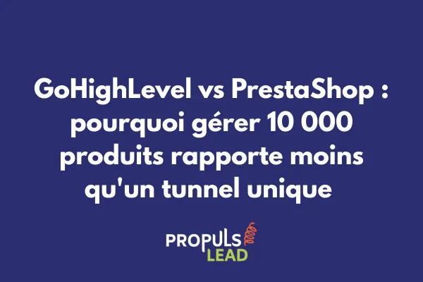 Comparatif GoHighLevel vs PrestaShop montrant boutique 10 000 produits à 2% marge vs tunnel 1 produit à 40% marge 