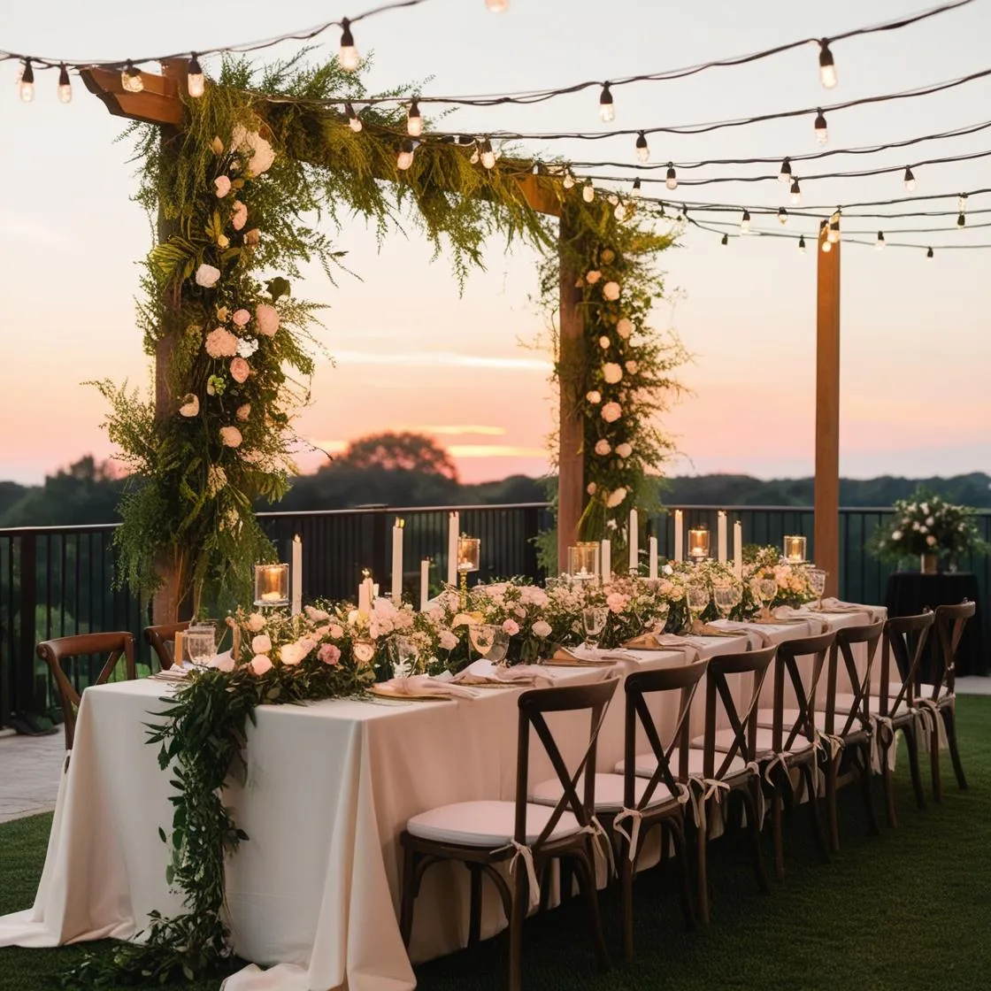 A dreamy wedding setup with a luxurious feel on a budget – A beautifully decorated outdoor wedding reception at sunset, featuring elegant string lights, lush greenery, and a romantic tablescape with candles and soft florals. The setting should evoke high-end elegance but feel intimate and affordable.