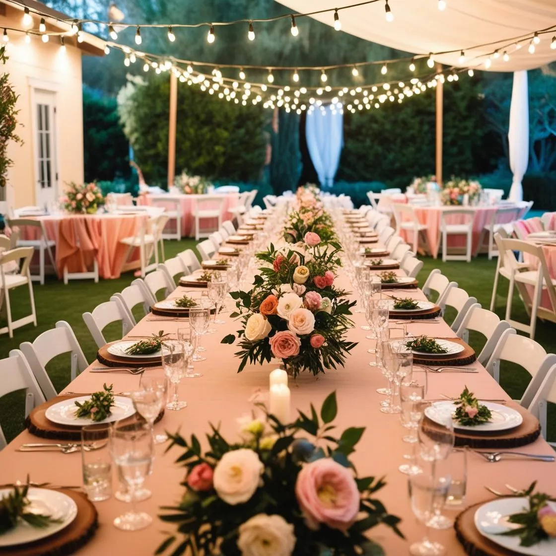 A beautifully decorated outdoor event space featuring long tables with floral centerpieces, string lights overhead, and guests enjoying a sunny spring afternoon. The atmosphere is warm and inviting, with a mix of greenery and pastel-colored decor.