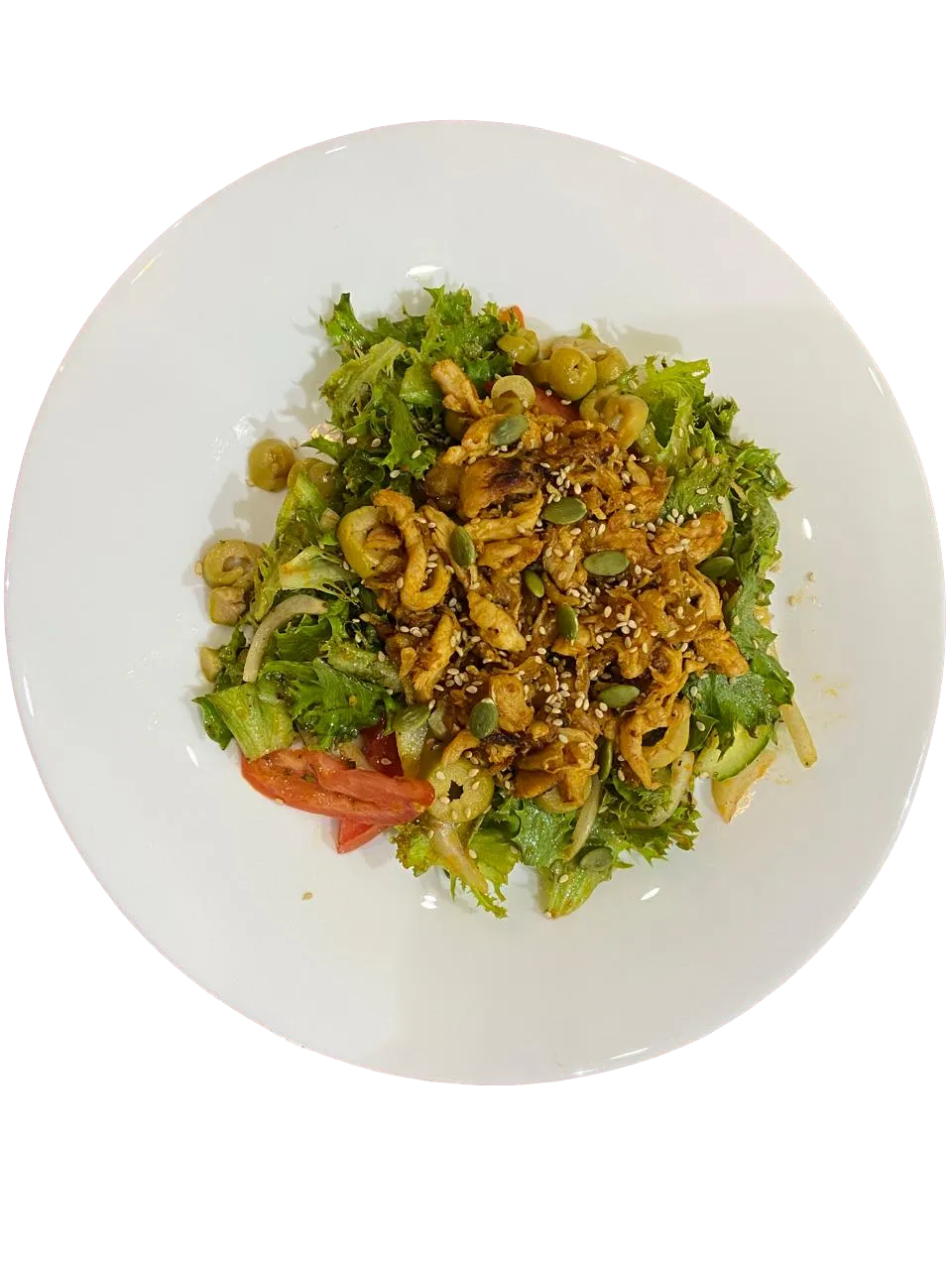 Chicken strips on garden salad