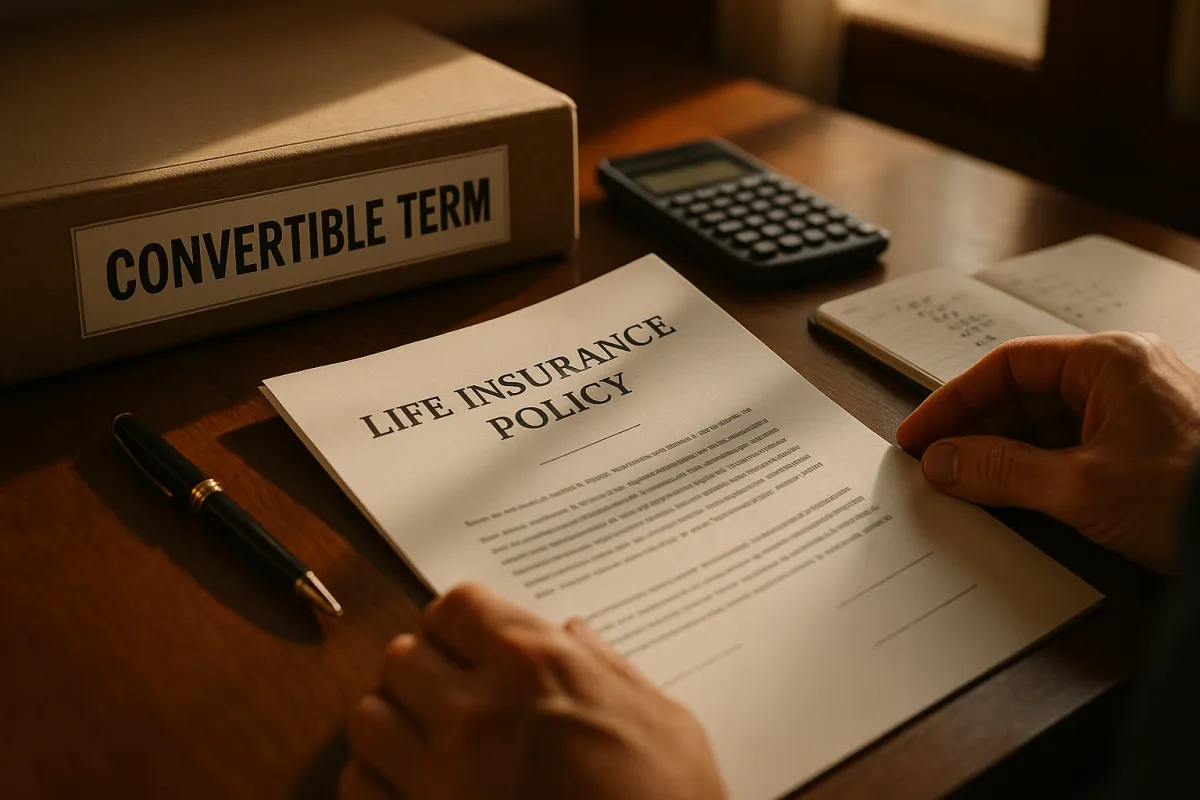 a person reviewing a life insurance policy document beside a neatly stacked folder labeled “Convertible Term.”