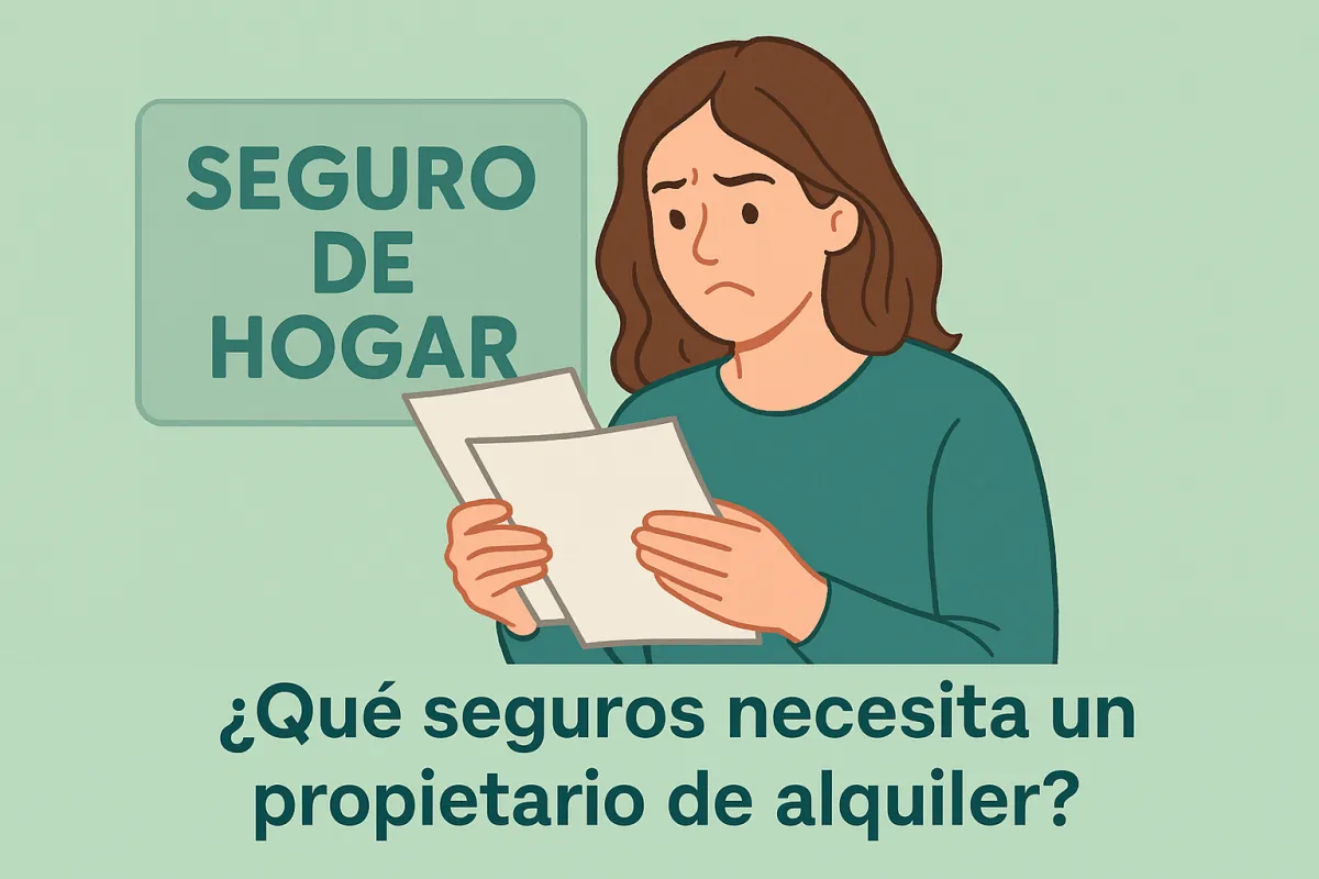 Una mujer revisando papeles con cara de confusión frente a un cartel de “Seguro de Hogar”. Fondo con tono pastel verde/menta que combine con la marca Habitam Palma.