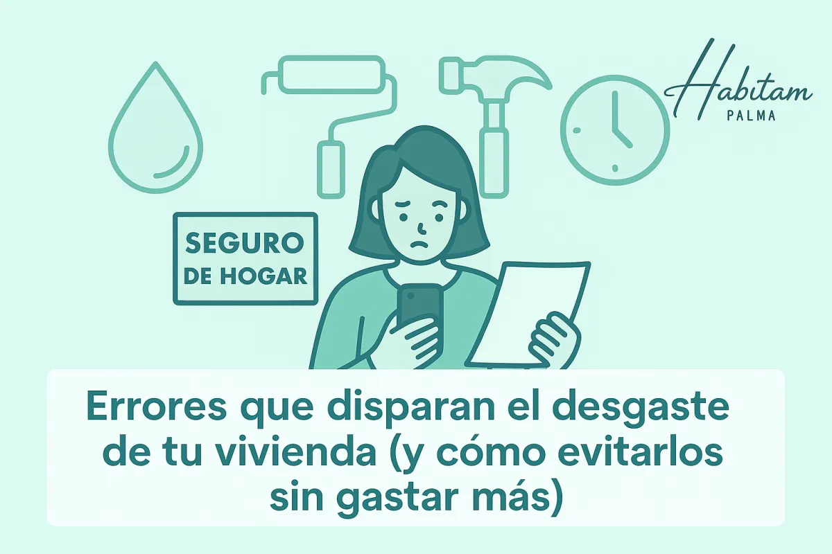 Infografía sobre desgaste en viviendas de alquiler con iconos de mantenimiento y reloj.