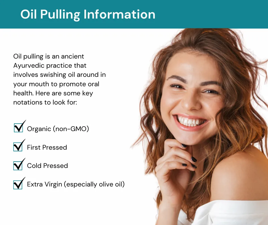 A smiling person with information on oil pulling benefits