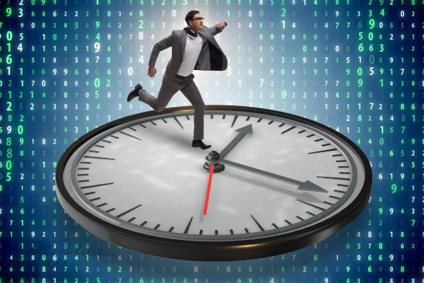 The image shows a businessman running on top of a large clock face.