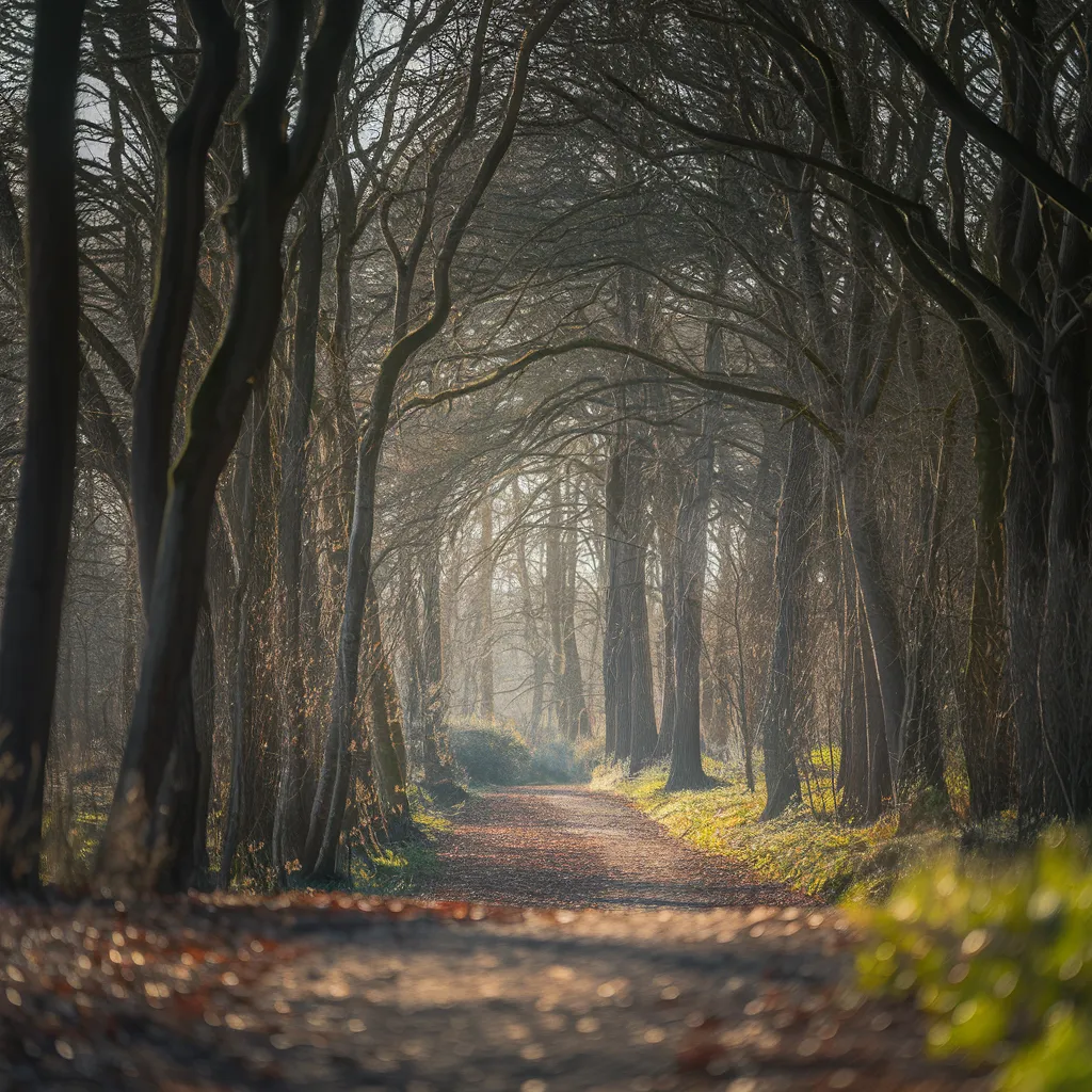 A serene pathway through a sunlit forest, symbolizing the journey of self-discovery and emotional healing. The warm glow represents inner peace and self-worth.