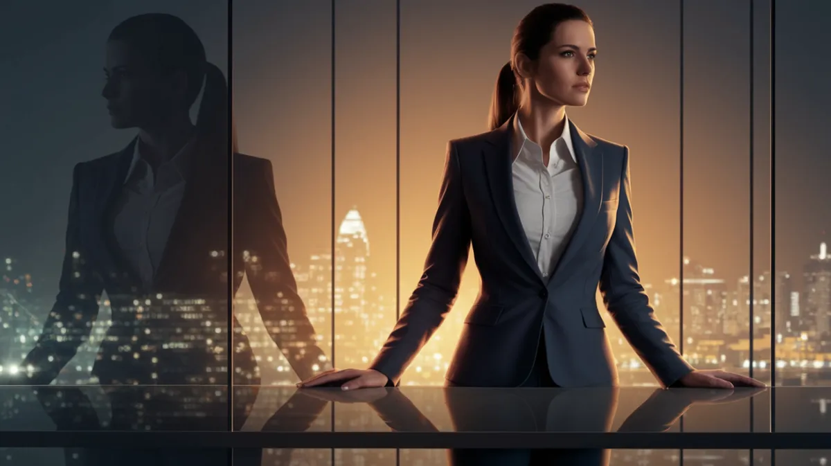 Successful high-achieving woman in a power suit stands in a modern office at night, staring over the city skyline. Her confident posture hides exhaustion and burnout, reflecting the silent struggle of balancing career, success, and personal fulfillment.