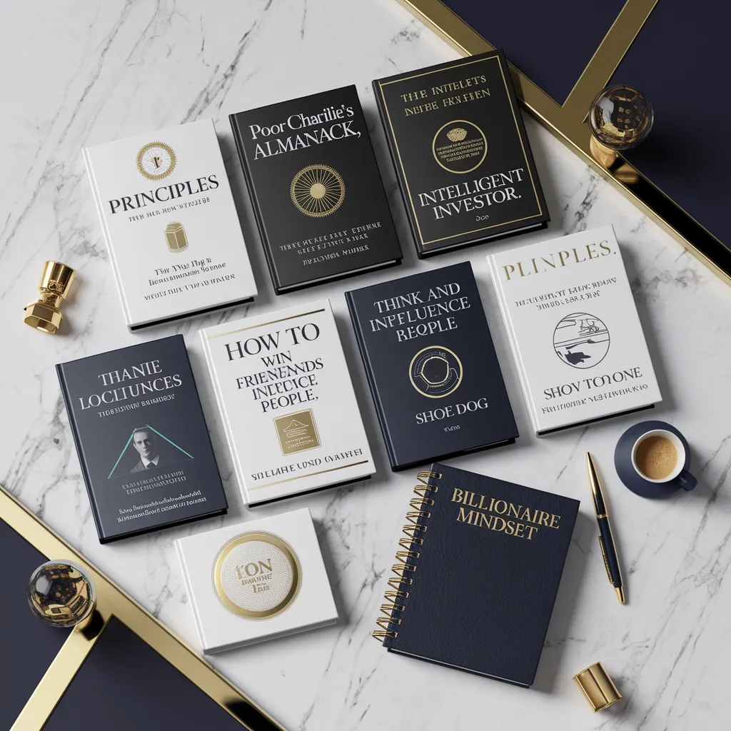 Flat lay of seven iconic business books on a luxury marble desk with gold accents, coffee, and a notepad titled "Billionaire Mindset Reading List