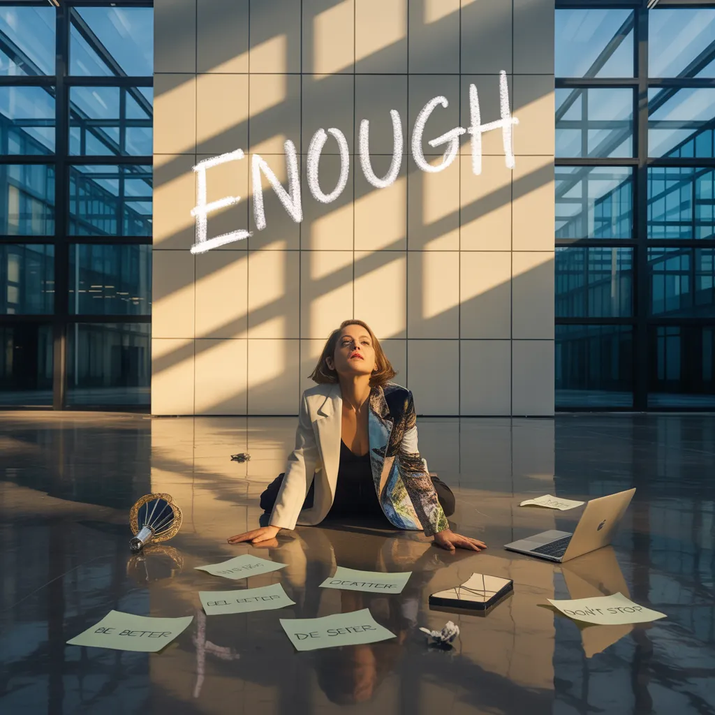 A high-achieving woman sits in a modern office surrounded by shattered success symbols—broken awards, a discarded blazer, and burnout post-its—gazing toward golden light through a glass wall marked with the word “ENOUGH,” symbolizing identity collapse and transformation.