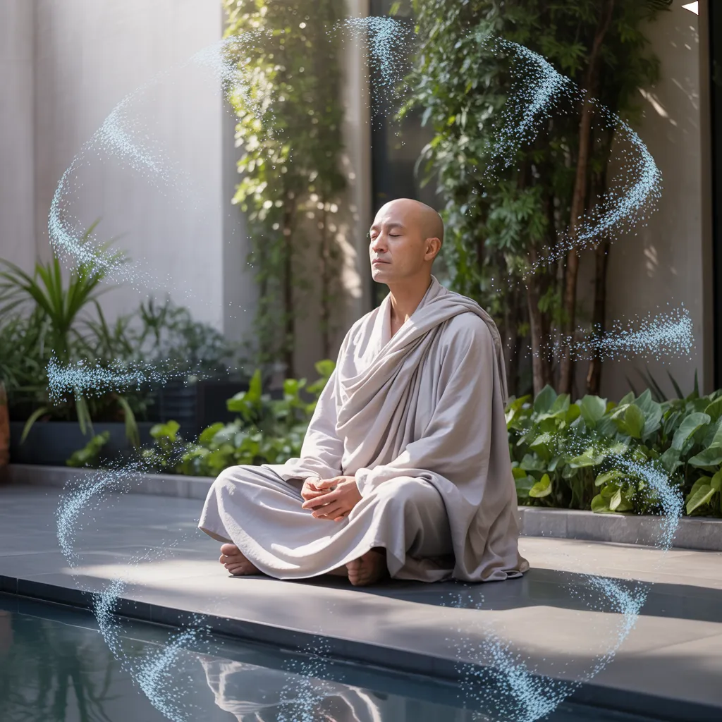 A serene image of a monk in soft robes meditating peacefully beside a pool, surrounded by lush greenery. Ethereal blue energy swirls gently around him, symbolizing restored life force, mental clarity, and the return to inner alignment. A visual metaphor for flow state, nervous system regulation, and energetic healing for high-performing professionals reclaiming agency.