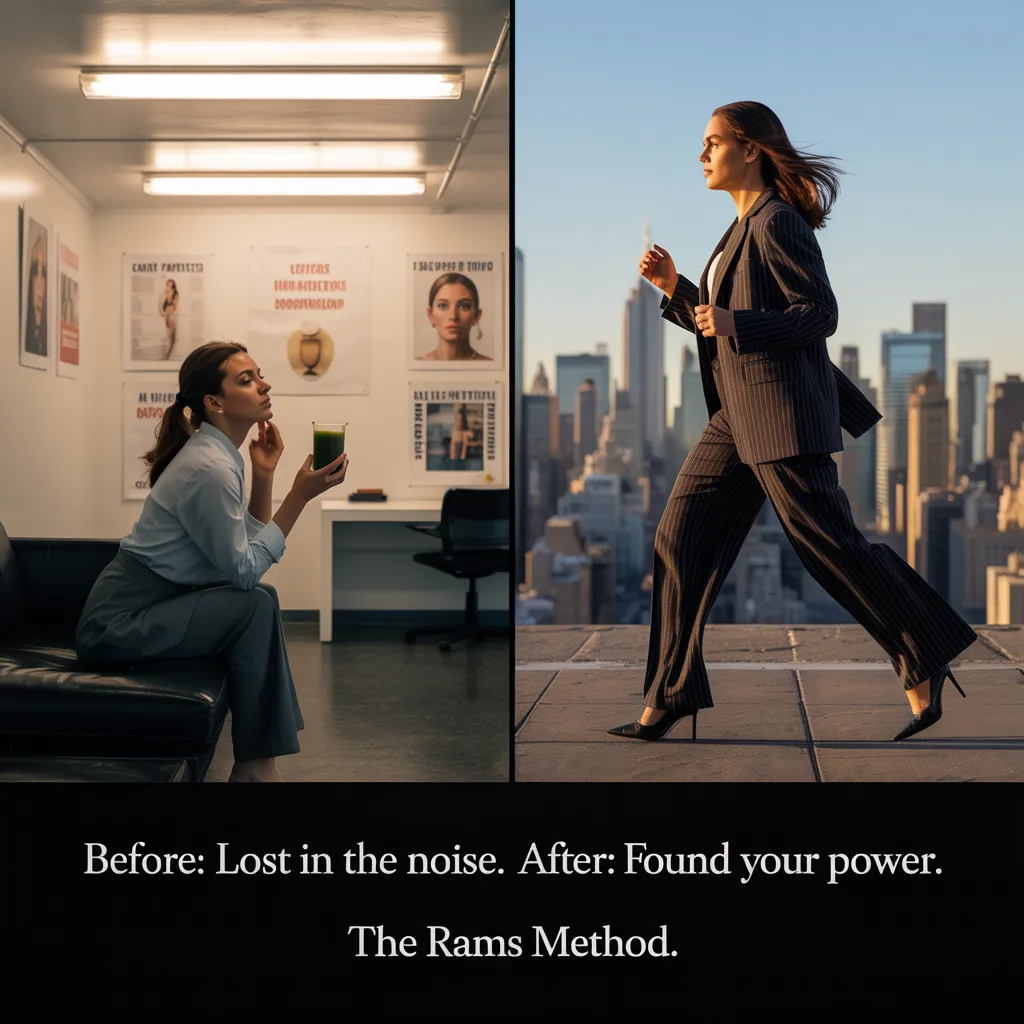 Split-screen image of a woman before and after transformation. Left side: she sits exhausted in a bright wellness clinic with a clipboard and green juice, surrounded by sterile coaching visuals. Right side: she walks powerfully across a rooftop at sunrise in a bold suit, radiating confidence and freedom. The image contrasts ineffective health coaching with the empowerment of the RAMS Method.