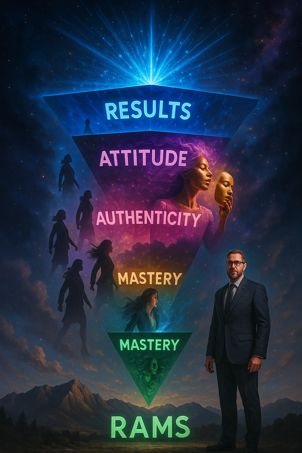 RAMS Method pyramid visualization by Baz Porter showing the five levels of leadership transformation from Systems foundation to Results outcomes with women executives ascending through authentic leadership development.