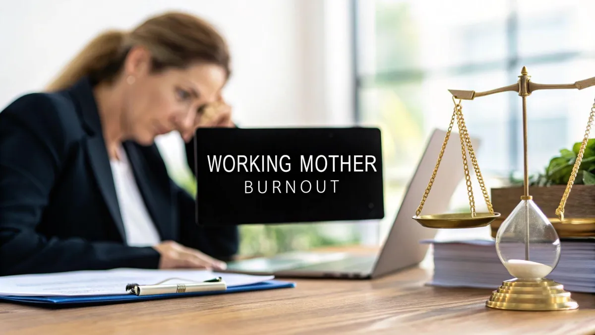 A stressed professional mother experiencing burnout sits at her desk, head resting on her hand, laptop open with the words “Working Mother Burnout” displayed on the screen. A golden balance scale and hourglass on the desk symbolize work-life imbalance and the pressure of time, capturing the emotional and physical exhaustion faced by working women.