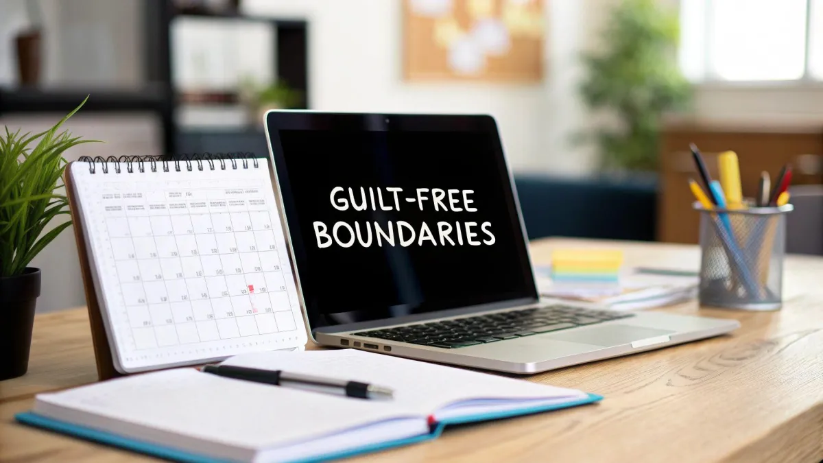Laptop on a modern desk displaying the words “Guilt-Free Boundaries,” beside a planner, calendar, and open notebook — symbolizing confident time management, nervous-system-regulated leadership, and the freedom that comes from setting clear professional boundaries without guilt.