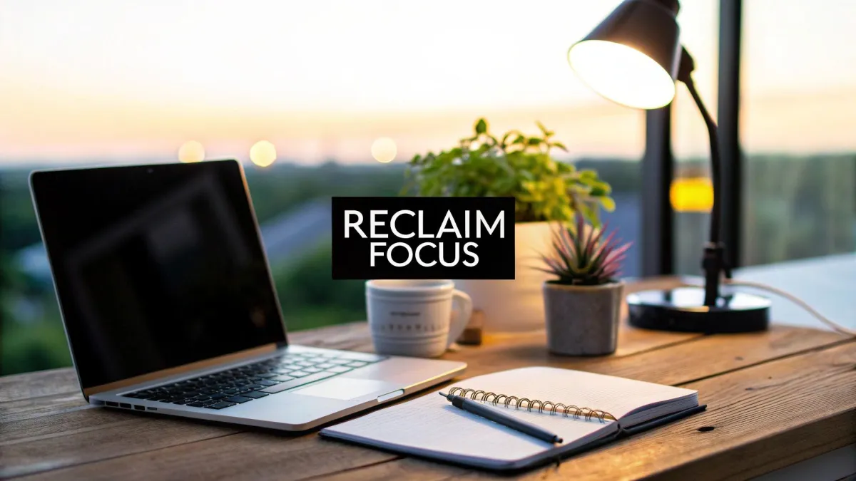 Modern home workspace at sunset with an open laptop, notebook, pen, coffee mug, and small potted plants under a glowing desk lamp. The words ‘Reclaim Focus’ appear on screen, symbolizing the restoration of clarity, nervous system regulation, and mindful productivity for high-achieving professionals overcoming digital fatigue and burnout.