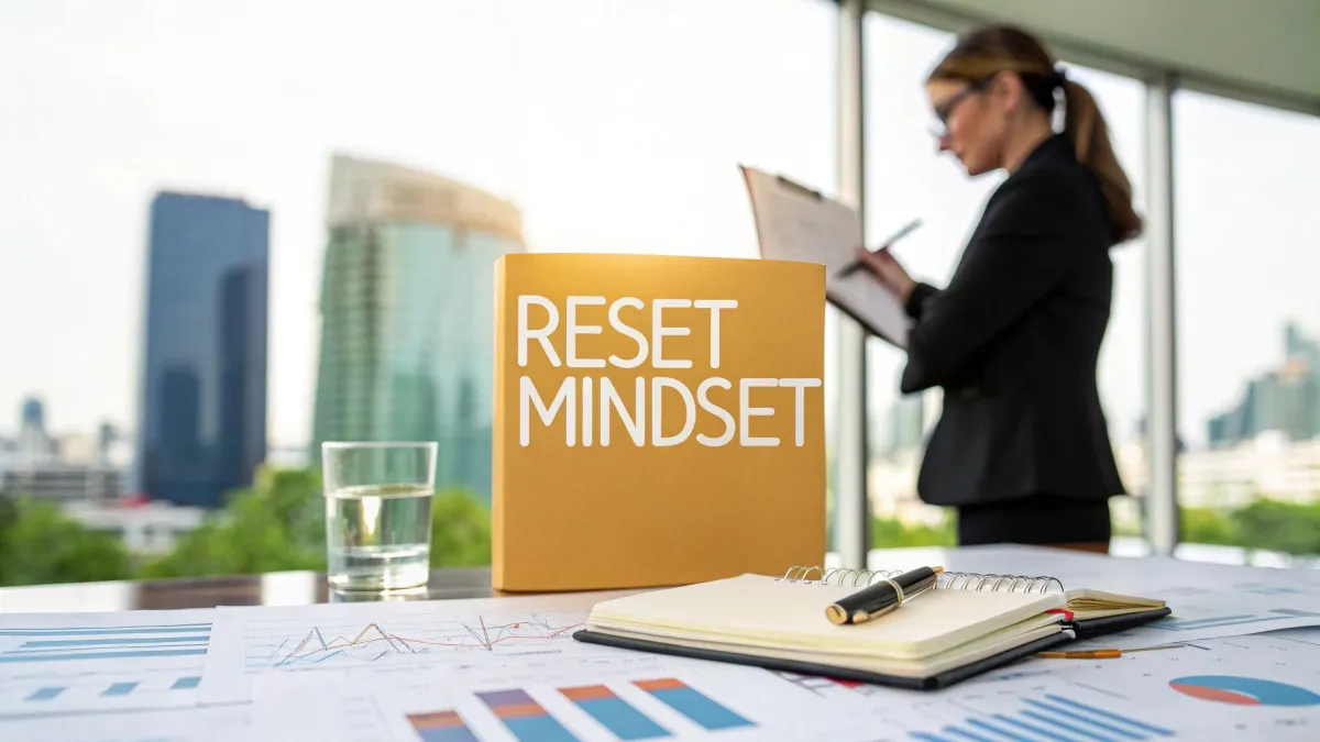 A confident female executive reviews strategy notes in a modern office with city views. On the desk, a bright yellow folder labeled “RESET MINDSET” sits beside business charts and a journal, symbolizing leadership transformation, mindset mastery, and emotional regulation for high-achieving women.