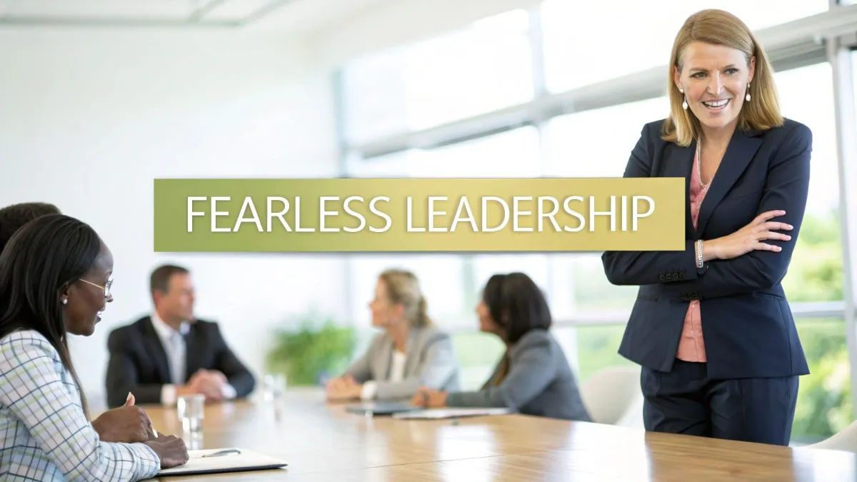 A confident businesswoman stands at the head of a meeting, leading with poise and authenticity while engaging a diverse executive team. The image symbolizes fearless leadership, emotional intelligence, and calm authority—core traits of women overcoming fear of judgment and stepping into sovereign, embodied confidence at work.
