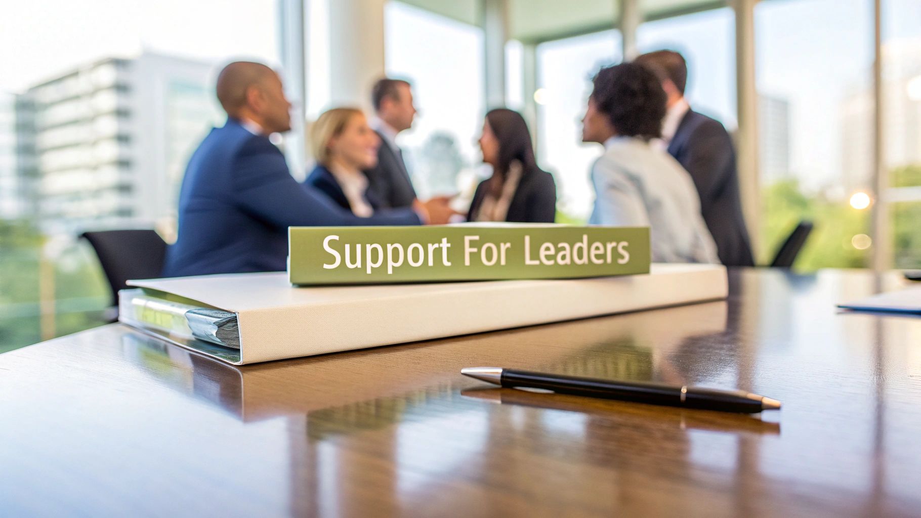 A binder labeled “Support for Leaders” sits on a conference table with a pen in the foreground, while a group of executives in business attire engage in conversation in the background. The image symbolizes collaborative leadership development and executive support—core elements of Baz Porter LLC’s RAMS™ Framework, which integrates coaching, mentorship, and nervous-system-based strategies for sustainable, high-performance leadership.