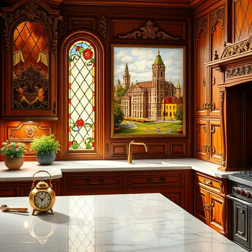A luxurious high Renaissance-style custom kitchen in Richmond, VA, featuring intricately carved wooden cabinets with elaborate scrollwork, floral motifs, and classical architectural details. The warm mahogany tones are accented with creamy gold highlights, creating an elegant and timeless atmosphere. A polished marble countertop reflects soft natural light filtering through arched stained-glass windows, casting colorful patterns across the scene. Playful details include a tiny clock behind crown molding, a miniature brass kettle with exaggerated steam, and a hidden carved owl in a decorative corbel, adding charm and personality. In the background, a grand paneled wall displays intricate moldings and a classical painting of Richmond’s historic skyline, blending local heritage with Renaissance grandeur. Subtle symbols like a laurel wreath and quill evoke craftsmanship and artistry, all composed with harmonious lighting and shadow to emphasize depth, balance, and artisan mastery in an elegant, sophisticated setting.
